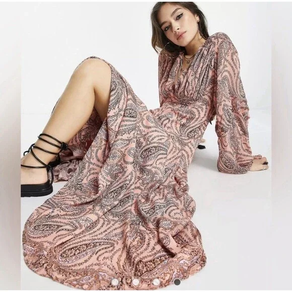 Free People Mirage Long Sleeve Maxi Dress Peach Pink Paisley Size 6 Boho Hippie - Picture 2 of 13